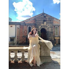 批发浪漫立体花朵飘带<b class='q'>挂</b><b class='q'>脖</b>抹胸裙王楚然同款荷飘逸荷叶边拍照度假礼服