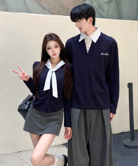 실사 2026 이른 가을 새로운 남녀 검정색 polo 긍정적 인 어깨 티셔츠 여성 디자인 센스 긴팔 넥타이 슬림해 보이는 품격