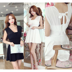 批发韩版雪纺拼接荷叶大摆<b class='q'>性感</b><b class='q'>夜店</b>收腰无袖吊带丝带连衣裙