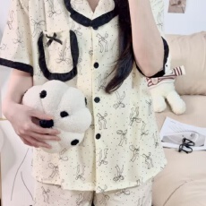 批发抖音小红书直播爆款夏季云朵棉睡衣女生短袖卡通三件套家居服套装