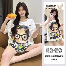 批发高质量夏季新款爆款云朵棉卡通短袖带胸垫睡衣女生家居服套装外穿