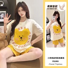 批发高质量夏季新款爆款云朵棉卡通短袖带胸垫睡衣女生家居服套装外穿