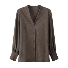 批发CHIVIRIN/千韵原创设计款 老钱风天丝羊毛衬衣女V领春夏高级衬衫