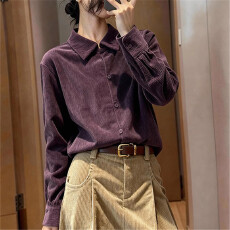 批发紫色长袖灯芯绒<b class='q'>衬衫</b>冬季绝美巨好看的宽松别致质感内搭叠穿上衣女