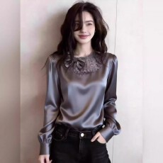 批发高端优雅风蕾丝蝴蝶结灰色衬衫女2026春季显瘦气质通勤百搭打底衫