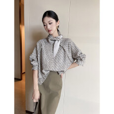 批发PINKEEN格子立领复古长袖<b class='q'>衬衫</b>女春季2026新款设计感小众休闲<b class='q'>衬衣</b>