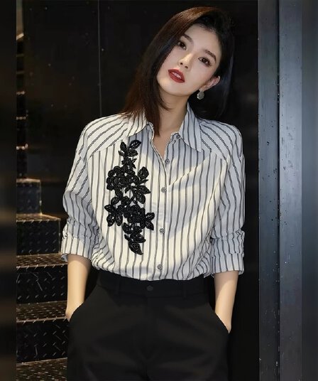 빛 럭셔리 프랑스식 사소한 디자인 센스 맨위 비즈 박기 자수 고급 품격 긴팔 스트라이프 여성 셔츠 이른 봄 새로운