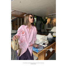 批发Gakee official粉色刺绣<b class='q'>衬衫</b>女秋季新款休闲宽松时尚气质<b class='q'>长袖</b><b class='q'>衬衣</b>