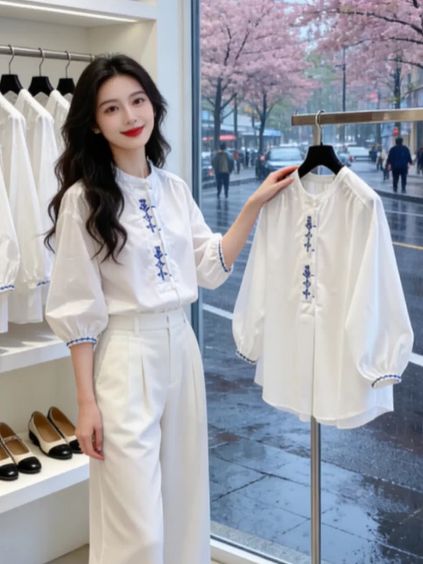 프랑스식 레트로 자수 화이트 거품 소매 여성 셔츠 여름 루즈핏 5 점 소매 외국 가스 작은 셔츠 벌룬 소매 맨위