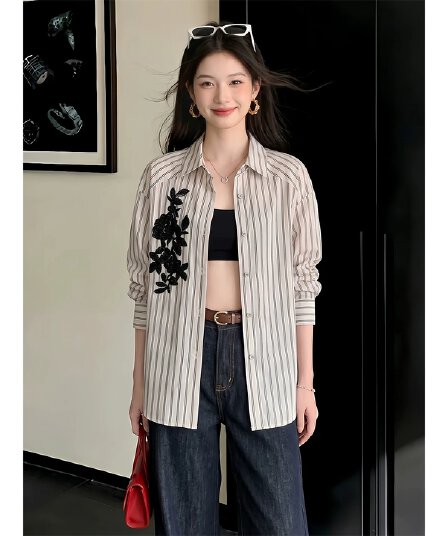 세로 줄무늬 자수 여성 셔츠 2026 가을 외출용 맨위 긴팔 루즈핏 고급 센스 캐주얼 맨위 재킷