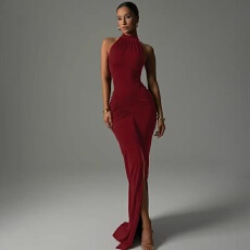 批发<b class='q'>欧美</b>外贸女装新款高领修身气质优雅皱褶连衣<b class='q'>长裙</b>派对礼服裙约会