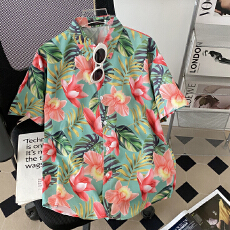 批发跨境<b class='q'>泰国</b>风夏威夷花衬衫短袖男女松弛感泼水节沙滩碎花衬衣