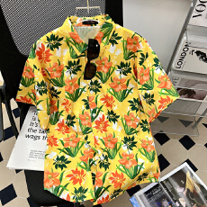 批发跨境<b class='q'>泰国</b>风夏威夷花衬衫短袖男女松弛感泼水节沙滩碎花衬衣