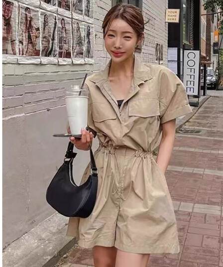 워크웨어 점프 슈트 여름 새로운 2026 캐주얼 다용도 펌프 로프 허리 수축 슬림해 보이는 작은 키 넓은 다리가 짧다. 바지 트렌디