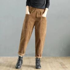 批发秋冬新款<b class='q'>大码</b>弹力加厚纯棉灯芯绒<b class='q'>哈伦裤</b>女高腰宽松休闲条绒妈妈裤