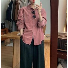 批发粉色灯芯绒长袖衬衫外套女秋<b class='q'>冬</b><b class='q'>冬</b>季小个子高级感欧货复古衬衣上衣