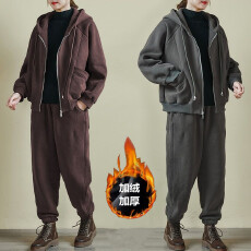 批发加绒加厚运动套装女秋冬季<b class='q'>大码</b>宽松时尚连帽卫衣休闲服两件套