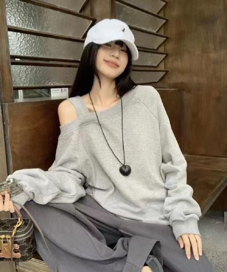 모방 후아 면 복합 루즈핏 비스듬한 어깨 의류 여성 봄 가을 새로운 디자인 센스 작은 대중 oversize 오프숄더 후드티