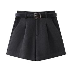 批发灰色毛呢西装短裤女秋冬2025新款小个子显瘦宽松高腰a字阔腿裤子