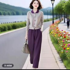 批发娃娃领小清新撞色设计感纯色开衫套装女