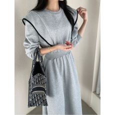 批发韩国chic气质飞飞袖撞色加绒保暖长裙子女初冬收腰显瘦卫衣连衣裙