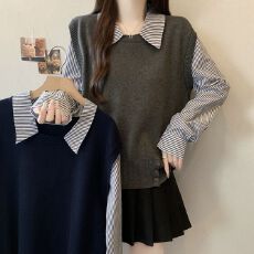 批发韩系<b class='q'>针织衫</b>假两件长袖女新款2025秋冬套头衬衣袖拼接设计显瘦上衣