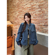 批发实价老钱风肌理感<b class='q'>牛仔</b>小香外套女款秋季2025新款蓝色H型立领夹克