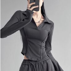 批发260克<b class='q'>莫代尔</b>人棉 辣妹风正肩长袖<b class='q'>T</b><b class='q'>恤</b>女Polo翻领收腰鱼骨显瘦上衣