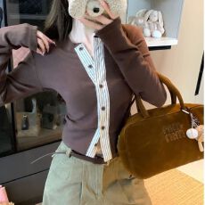 批发260克人棉抓毛 撞色条纹拼接设计感长袖<b class='q'>开衫</b><b class='q'>圆领</b>内搭T恤短款上衣