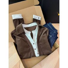 批发韩系设计感条纹拼接假两件长袖衬衫女2025早<b class='q'>秋</b>季新款宽松小众上衣