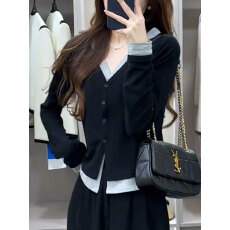 批发纽扣开衫假两件<b class='q'>长袖</b>T恤女秋季韩版修身内搭短款<b class='q'>打底衫</b>上衣