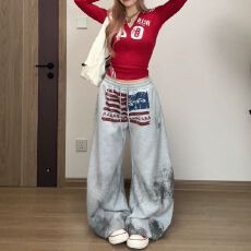 批发美式<b class='q'>街头</b>辣妹舞蹈运动卫裤美式复古扎染脏脏裤嘻哈慵懒感直筒长裤