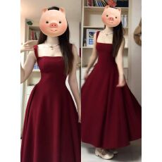 批发2026新款法式气质高级感赫本风红色吊带连衣裙子女夏收腰a字长裙