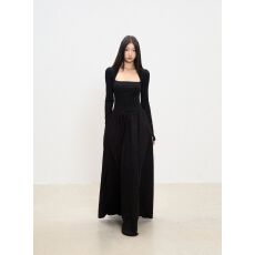 批发纯欲风拼接方领长袖连衣裙女秋季高腰大摆裙显瘦气质裙子a字长裙