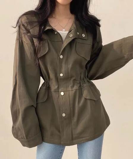 한국 chic 봄 가을 레트로 품격 가짜 주머니 디자인 펌프 로프 허리 수축 슬림해 보이는 워크웨어 재킷 바람막이 여성 코트