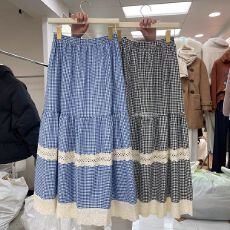 批发<b class='q'>复古</b>格纹半身裙女春夏新款松紧高腰百搭A字裙撞色花边拼接中<b class='q'>长裙</b>