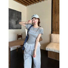 批发高级感<b class='q'>休闲</b><b class='q'>运动</b>套装女2026夏季蕾丝拼接修身短袖阔腿裤两件套