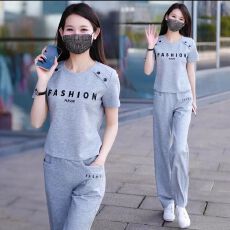 批发纯色<b class='q'>休闲</b><b class='q'>运动</b>套装女夏季2026新款妈妈装时尚短袖长裤跑步服两件套