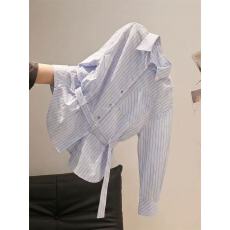 批发韩系慵懒风蓝色条纹衬衫外套女春季法式别致独特绝美长袖衬衣上衣