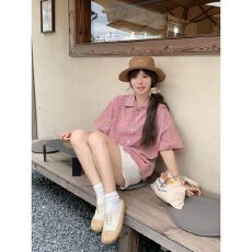 批发夏日设计感彩纱泡泡棉<b class='q'>格子衬衫</b>女2026新款百搭宽松休闲古巴领上衣