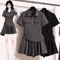 批发大码胖mm今年流行遮肉梨形显瘦小众<b class='q'>百褶</b><b class='q'>短裙</b>POLO领上衣女夏季套装