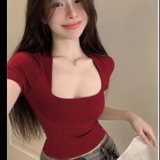 批发短袖t恤女夏季u型方领短款上衣<b class='q'>修身</b>低领