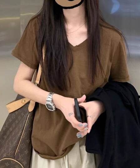 V넥 단색 티셔츠 여성용 짧은 소매 만나는 캐주얼 루즈핏