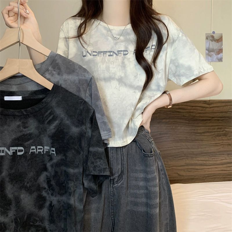아메리칸 홀치기 염색 반팔 알파벳 프린트 루즈핏 여성 티셔츠 여름 쇼트 스타일