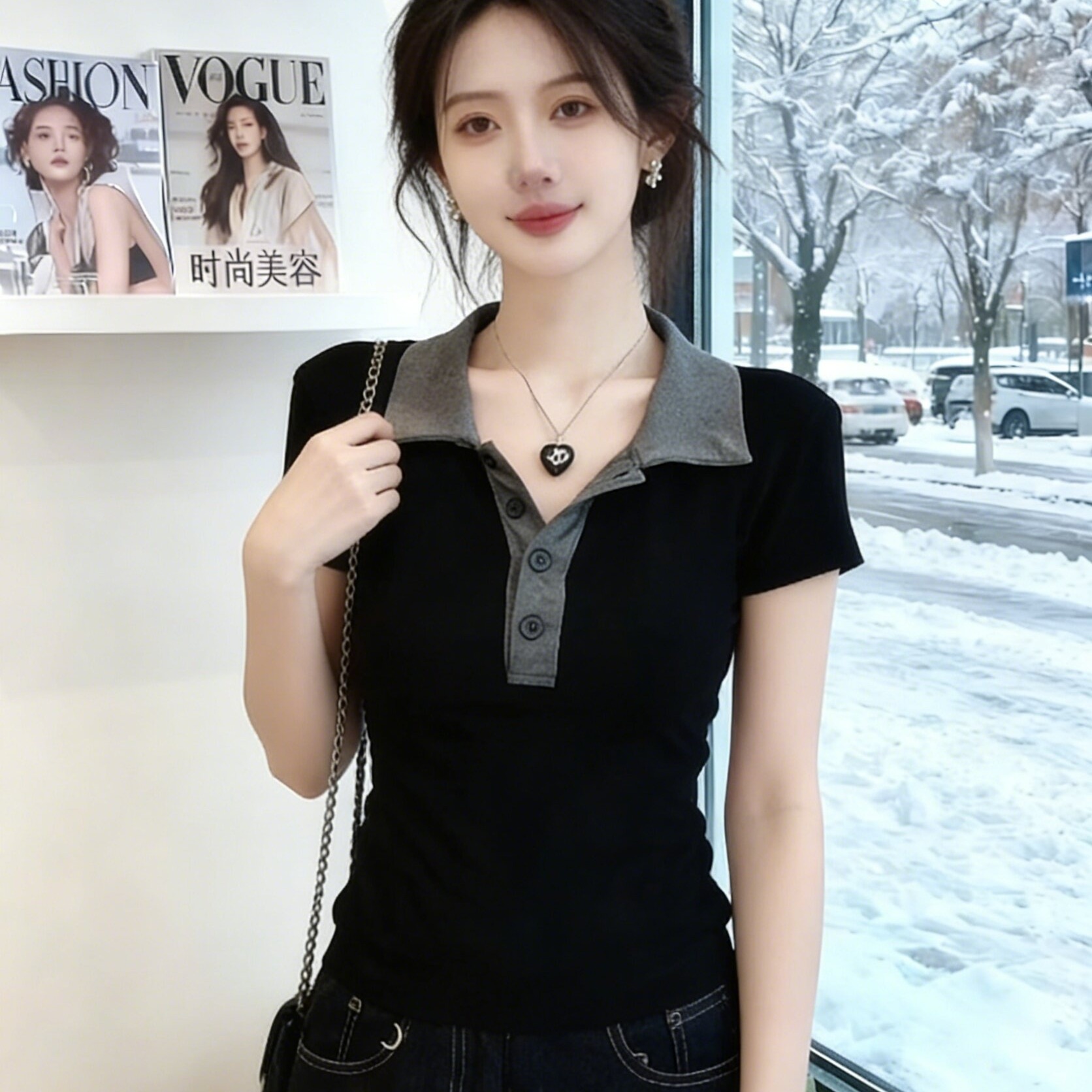 경관 그림 블랙 회색 폴로 칼라 몸매 가꾸기 슬림해 보이는 만나는 반팔 티셔츠 잘 생긴 특별 아름다운 꼬집기 허리 위로 의류