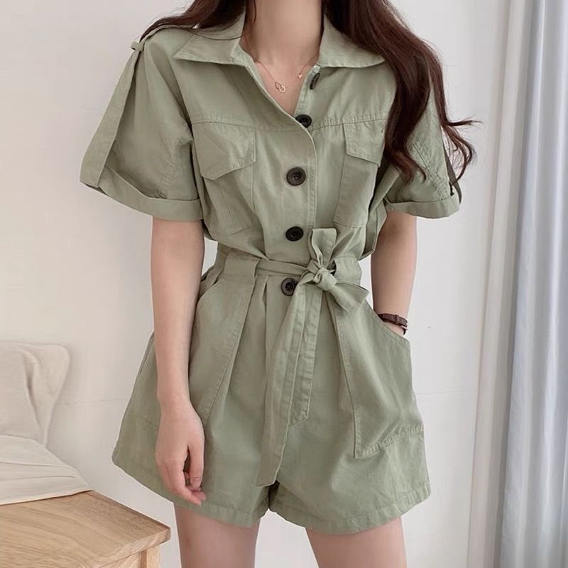 한국 chic 여름 새로운 폴로 칼라 더블 주머니 디자인 슬림해 보이는 싱글 줄 버튼 넓은 다리 워크웨어 올인원 바지 반바지 여성