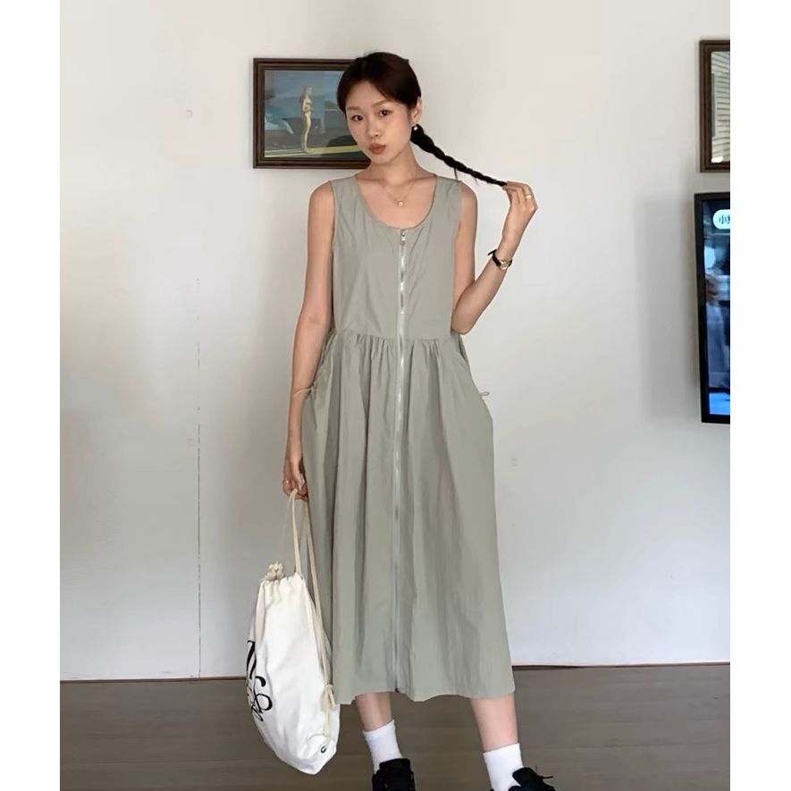 한국 chic 여름 레트로 작은 대중 펌프 로프 허리 수축 슬림해 보이는 빅 포켓 당겨서 사슬 워크웨어 조끼 여성 드레스