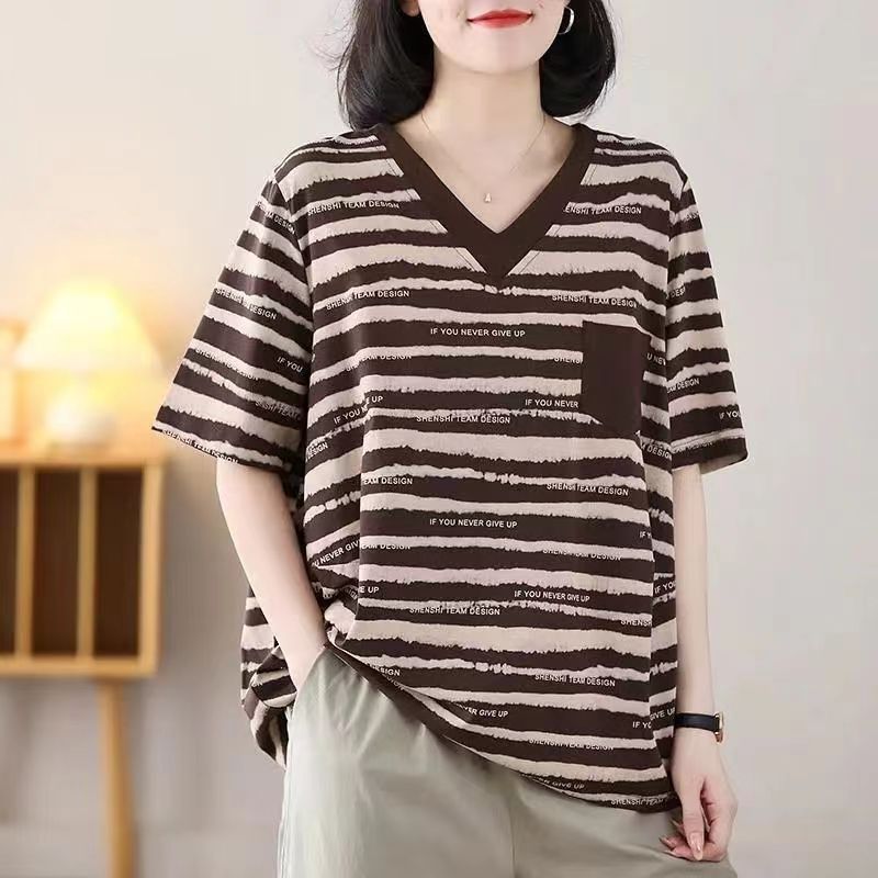 l--5xl 빅 사이즈 스트라이프 외국 가스 반팔 여성 V넥 캐주얼 다용도 루즈핏 표지 고기 슬림해 보이는 품격 티셔츠 여성
