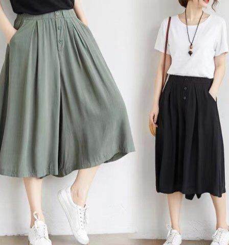m--5xl 루즈핏 배기 바지 여성 와이드 레그 팬츠 7부 바지 허리밴드 빅 사이즈 여성 바지 슬림해 보이는