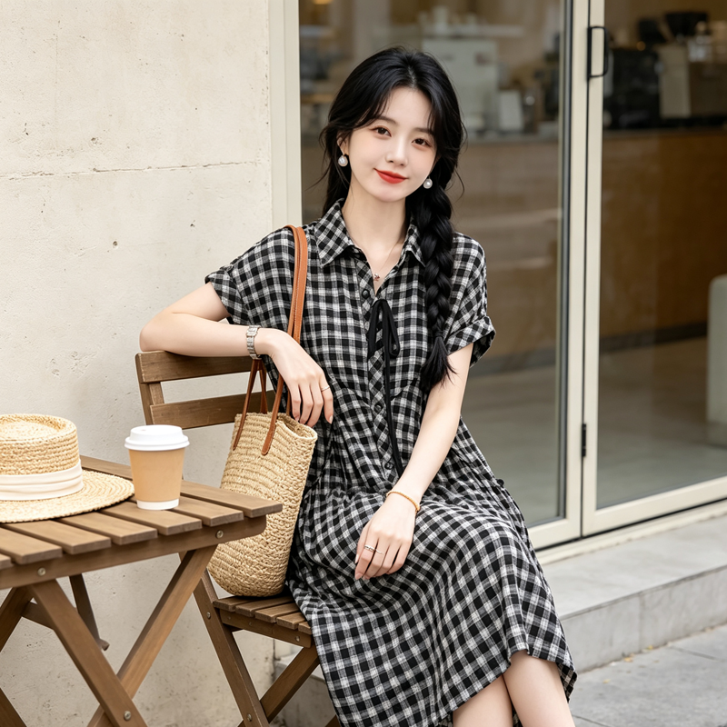 여름 새로운 체크무늬 디자인 센스 빅 사이즈 중청년 착용 가져 가라. 옷 고급 패션 롱 코트 POLO 칼라 드레스